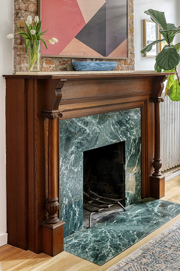 Existing showstopping green marble fireplace
